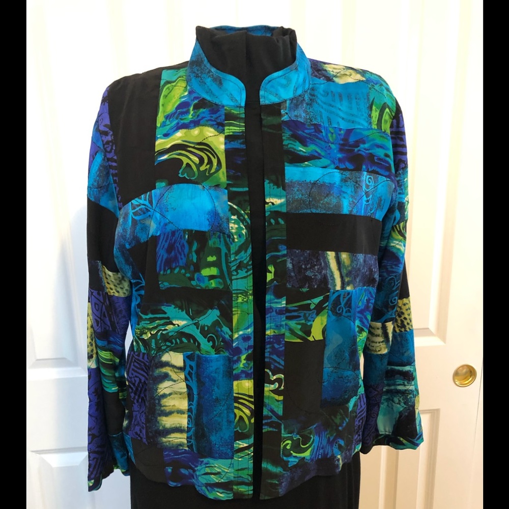 Chico’s Patchwork Silk Jacket Sz 1 - image 2